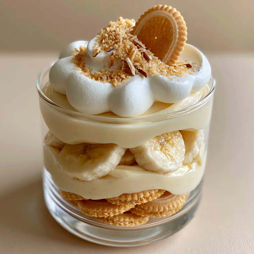 Side view of banana pudding layers in a clear glass showing the golden wafers and fresh banana slices. (Magnolia Bakery banana pudding)