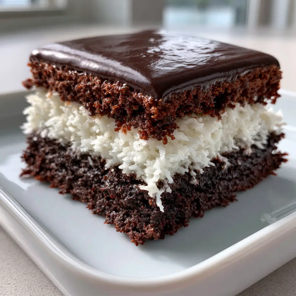 Top-down view of a Mounds brownie slice on a white plate, highlighting the glossy dark chocolate glaze.