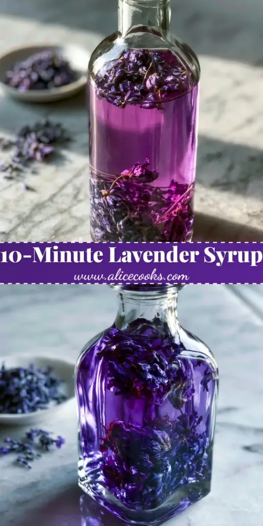 A tall glass bottle of vibrant lilac-purple Lavender Simple Syrup on a marble surface with dried lavender buds.