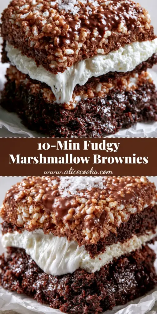 A tall stack of flourless marshmallow crunch brownies showing the gooey marshmallow layer and crispy chocolate puffed rice top.