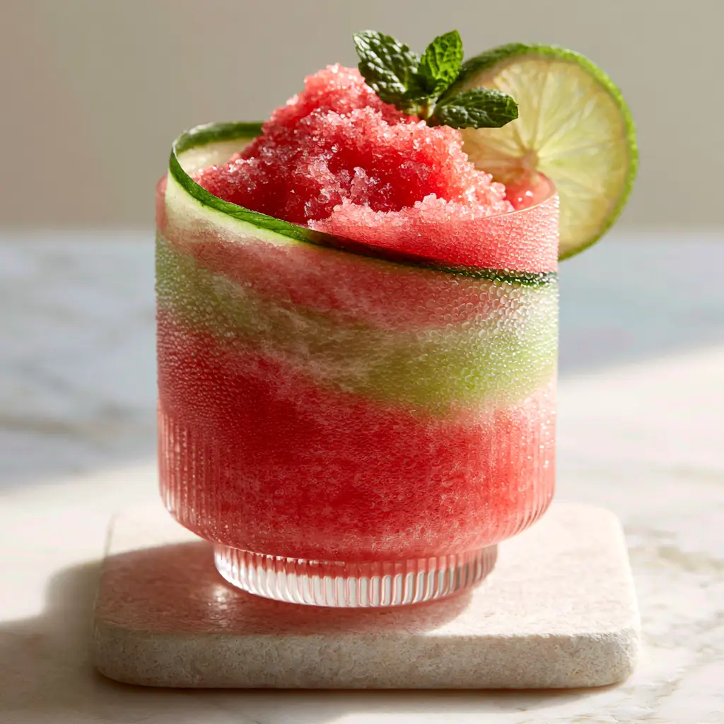 A modern ribbed glass filled with a watermelon cucumber slushie, showing condensation droplets and a fresh lime garnish.