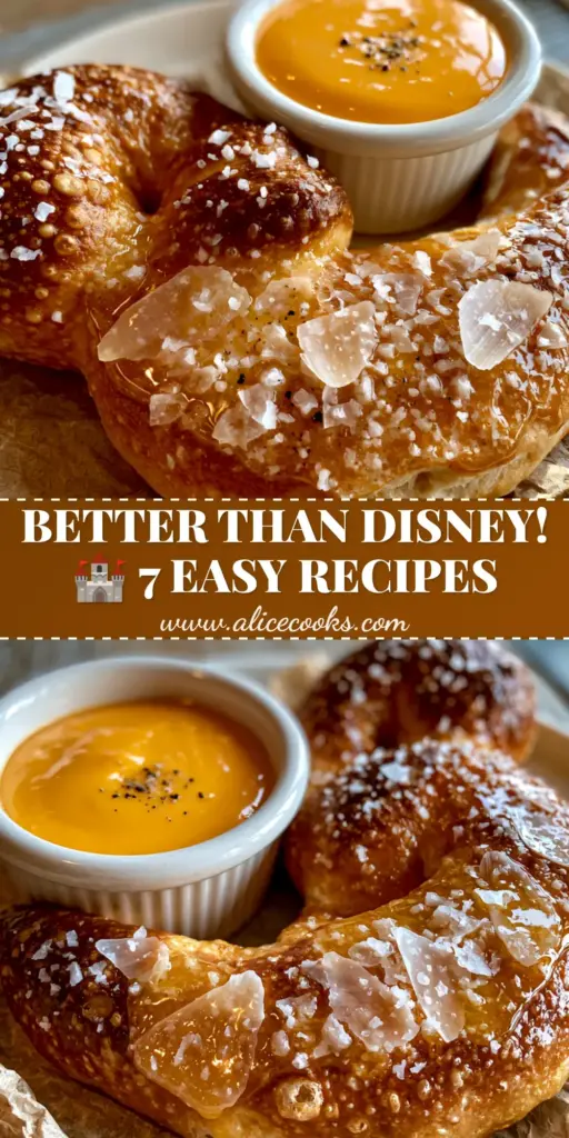 A golden-brown Mickey-shaped soft pretzel glistening with butter and Maldon salt flakes next to a cup of cheddar cheese sauce. (Disney inspired food)