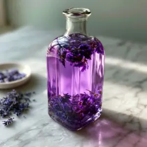 Elegant glass bottle filled with translucent lilac-purple lavender simple syrup in soft morning light.