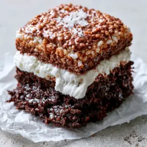 Close-up of flourless marshmallow crunch brownies with a dramatic sticky marshmallow pull between two fudgy layers.