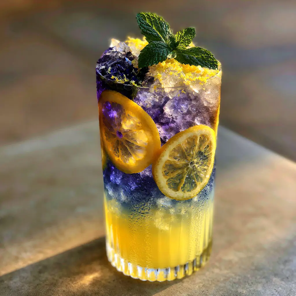 Blue Lemonade: A Naturally Layered Butterfly Pea Flower Refresher 1 Close-up of clear crushed ice and pressed lemon wheels inside a Blue Lemonade glass with refreshing condensation.