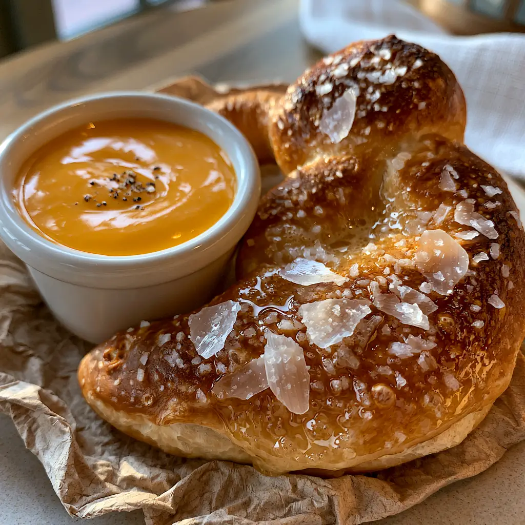 Handheld photo of a buttery Mickey-shaped soft pretzel with large translucent Maldon salt flakes. (Disney inspired food)