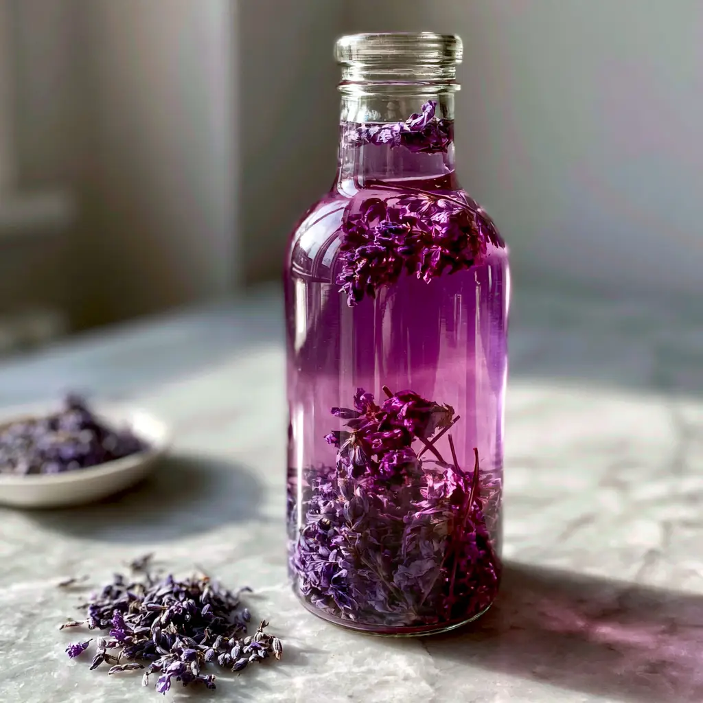 Close up of dried lavender buds floating inside a clear glass bottle of lilac simple syrup.