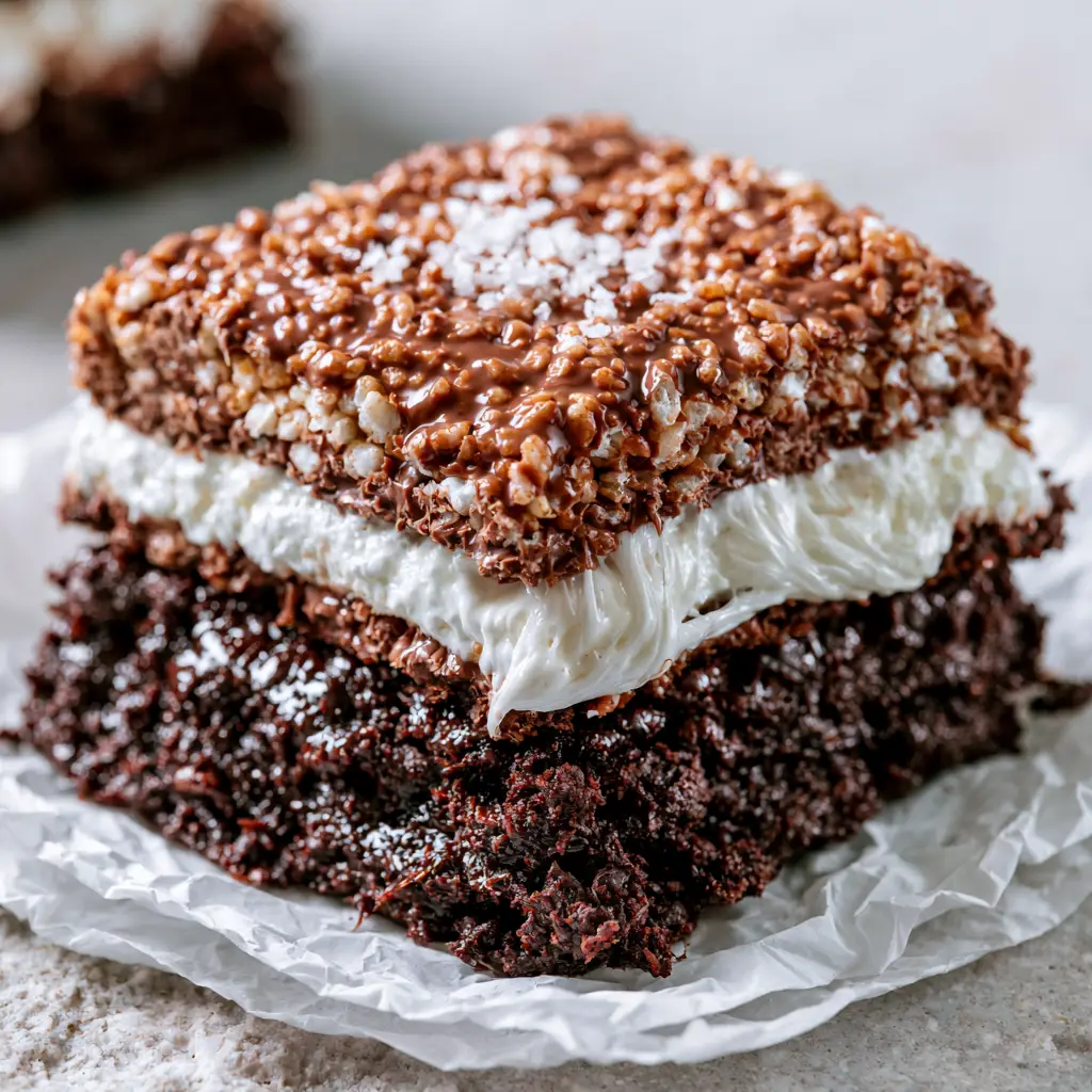 A square-cut flourless marshmallow crunch brownie on parchment paper showing the high-gloss chocolate rice topping.