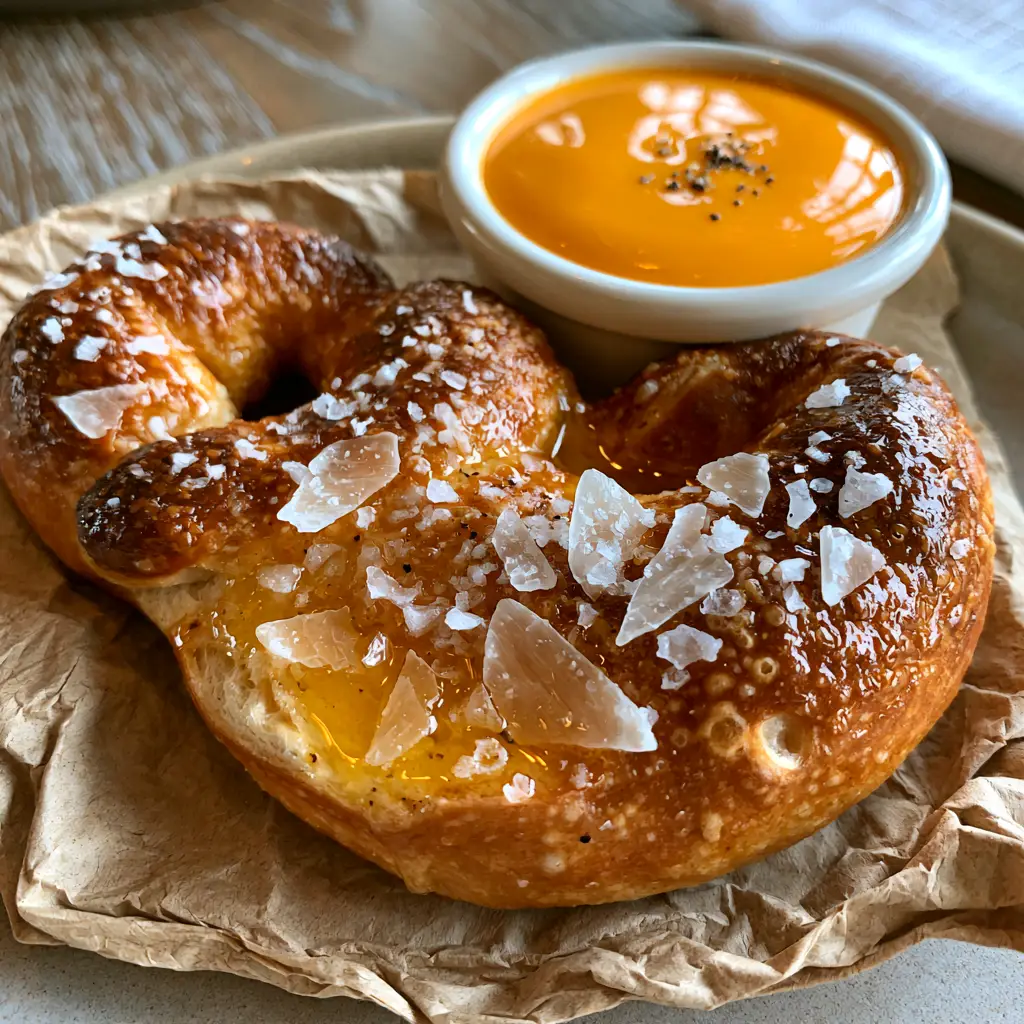 Mickey soft pretzel on rustic parchment paper with vibrant orange cheddar cheese sauce and cracked black pepper.