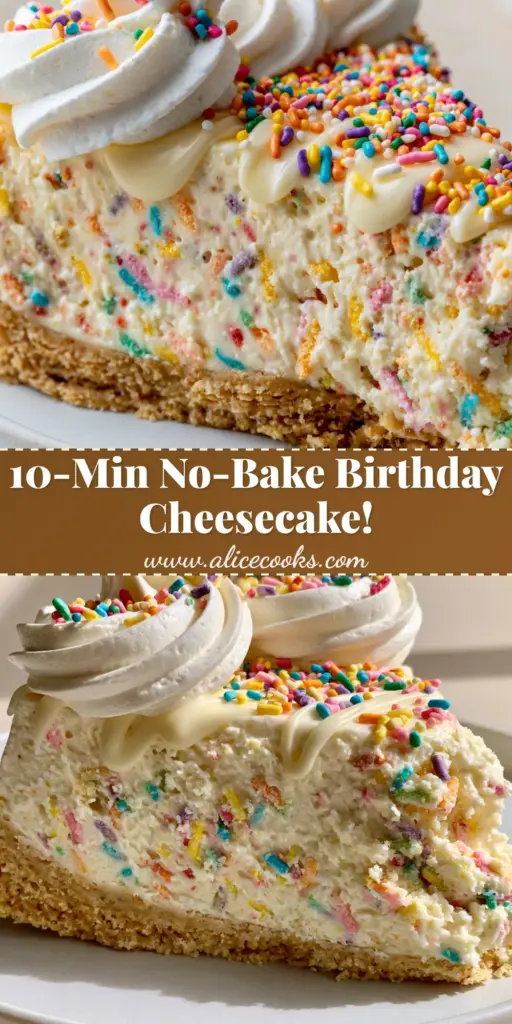 A professional flat lay of a Birthday Cake Cheesecake with white chocolate drizzle and rainbow sprinkles.