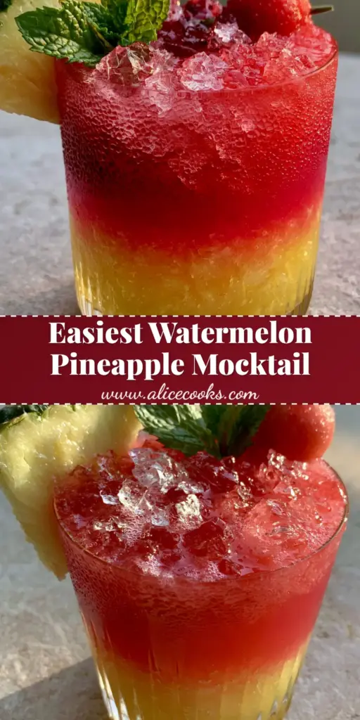 A layered Watermelon pineapple chill mocktail in a ribbed glass with cracked ice and mint garnish on a stone surface.
