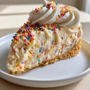 A close-up slice of no-bake Birthday Cake Cheesecake on a matte white ceramic plate showing the Golden Oreo crust.