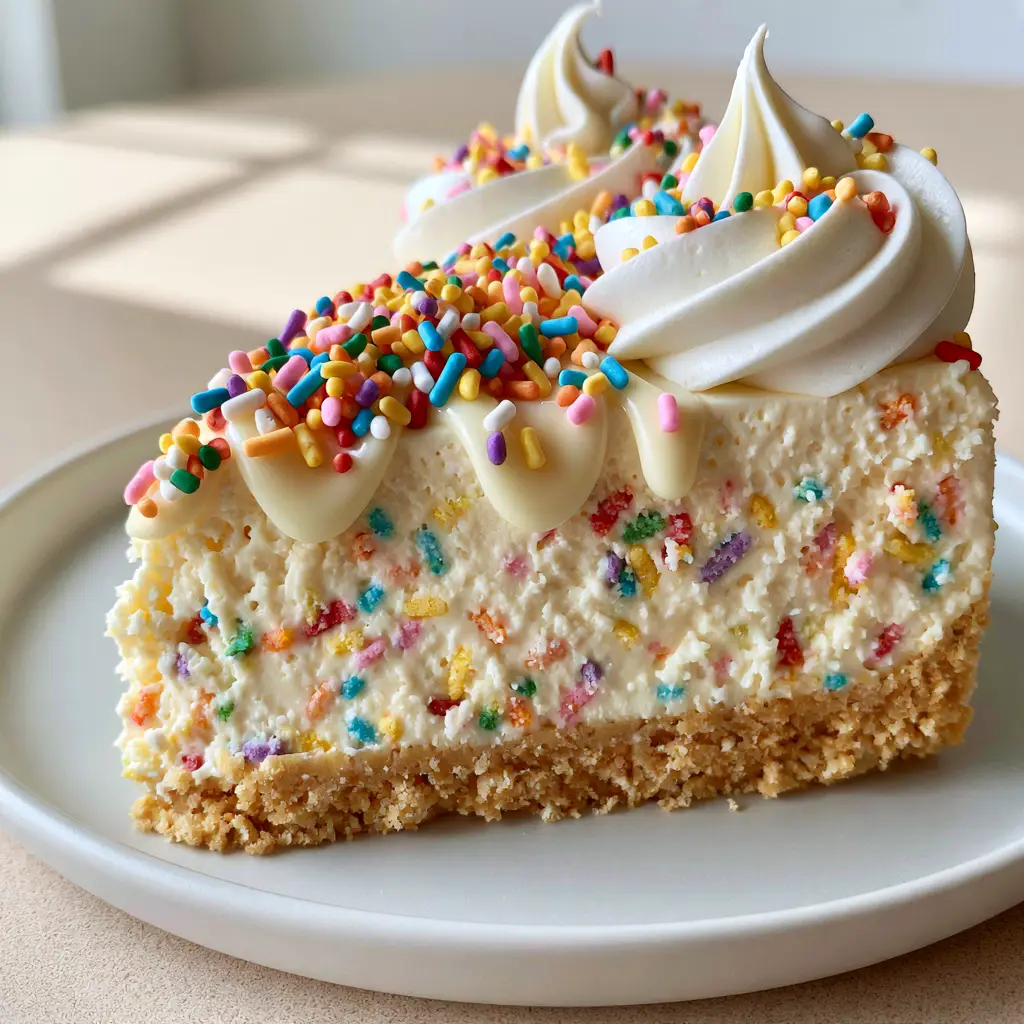 Handheld smartphone style photo of a Birthday Cake Cheesecake with piped whipped cream and white chocolate glaze.