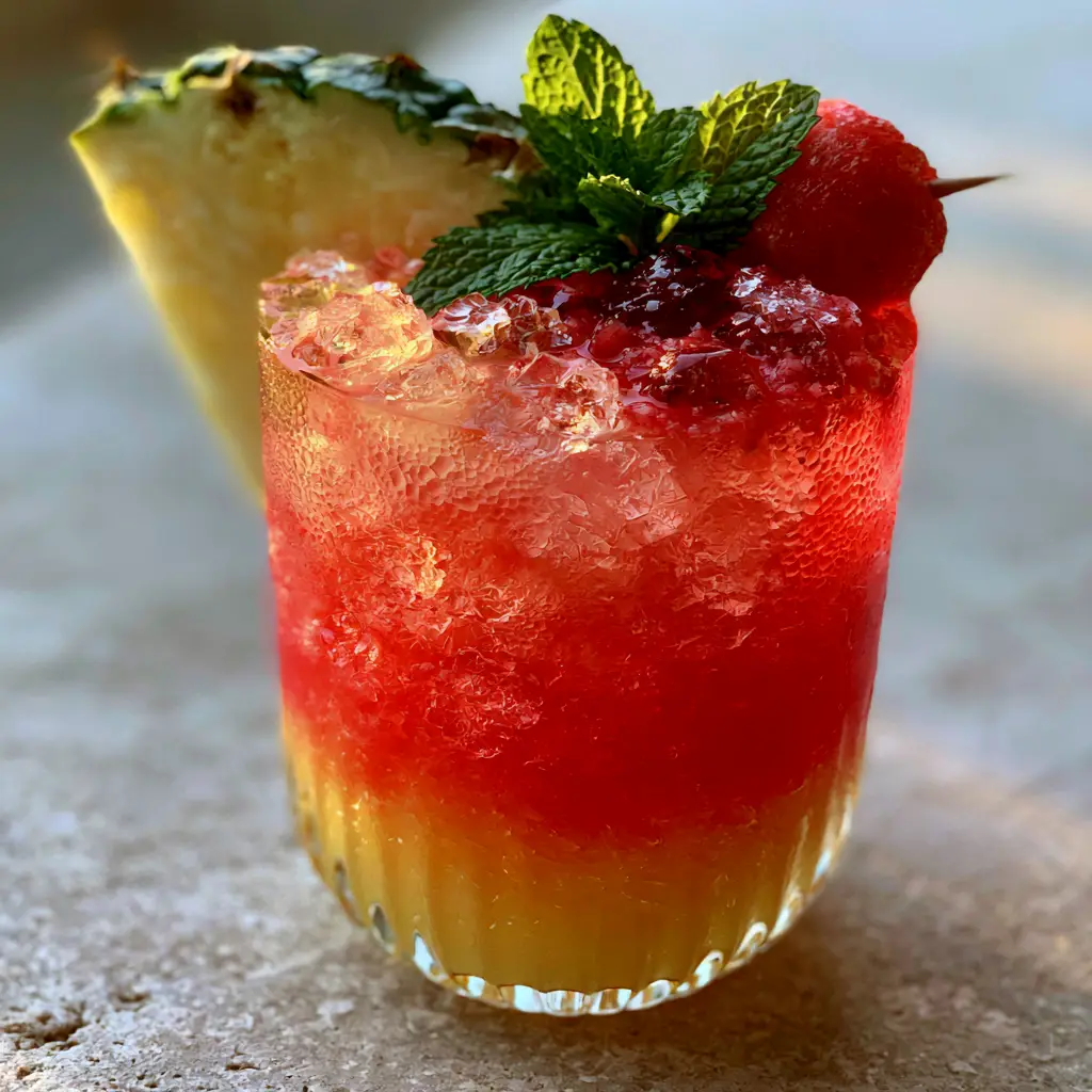 Top down view of the cracked ice and mint sprig garnish on the Watermelon pineapple chill mocktail.