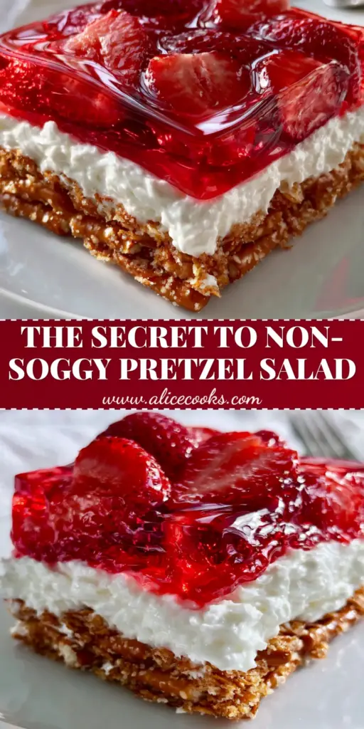 A vertical shot of a perfect square slice of Strawberry Pretzel Salad showing three distinct layers: pretzel crust, white cream cheese, and ruby-red gelatin with fresh strawberries.