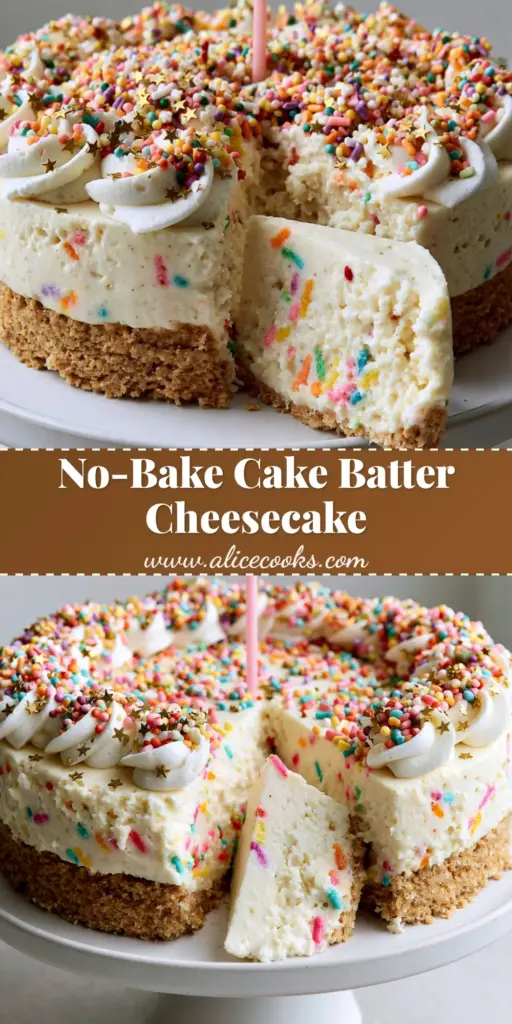 A tall no-bake Birthday Cheesecake with a golden-brown crust, rainbow sprinkles, white whipped cream dollops, gold stars, and a lit pink candle.