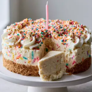 A close-up shot of a sliced Birthday Cheesecake showing the smooth pale ivory interior and rainbow sprinkles.
