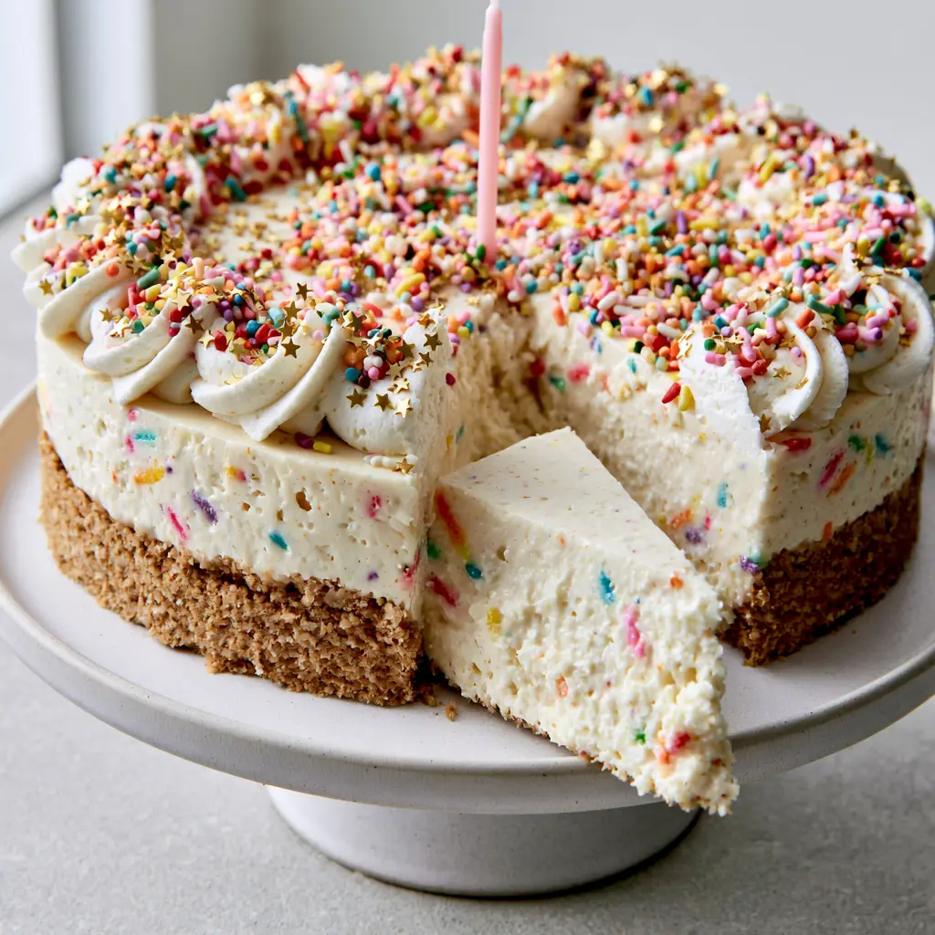 A professional handheld photo of a Birthday Cheesecake on a white stand with gold star garnishes and a pink candle.