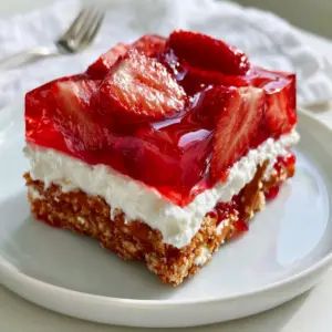 Macro handheld photo of a square slice of Strawberry Pretzel Salad on a white plate with visible textures. (Strawberry Pretzel Salad)
