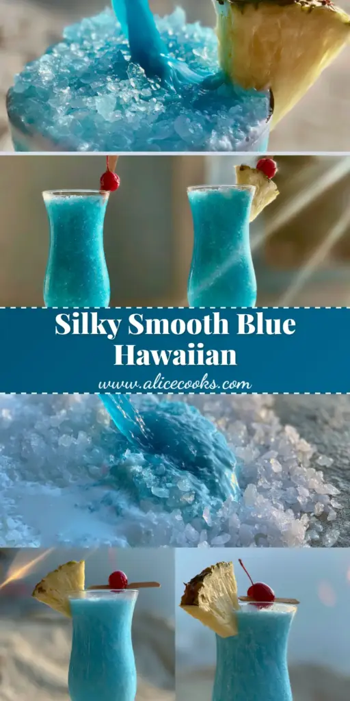 A finished Blue Hawaiian cocktail in a tall hurricane glass garnished with a pineapple wedge and cherry. (Blue Hawaiian cocktail)