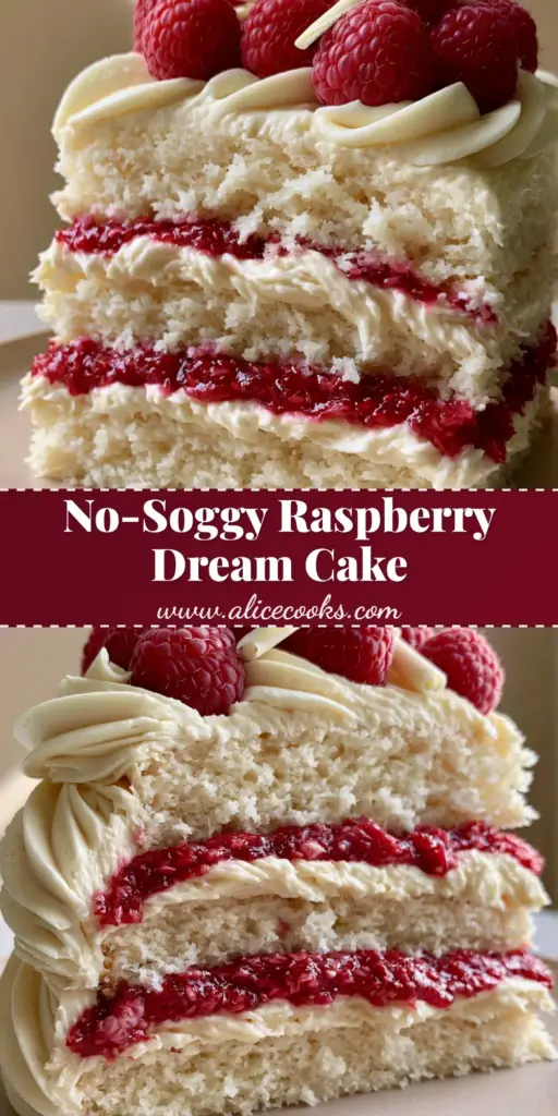 A tall, professional slice of White Chocolate Raspberry Dream Cake showing three layers of white sponge and ruby-red jam on a minimalist beige plate.