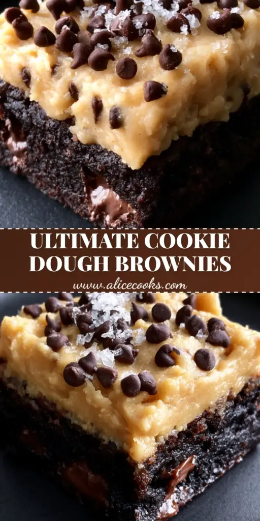 A stack of chocolate chip cookie dough frosted brownies on a black plate with flaky sea salt and melting chocolate pockets.