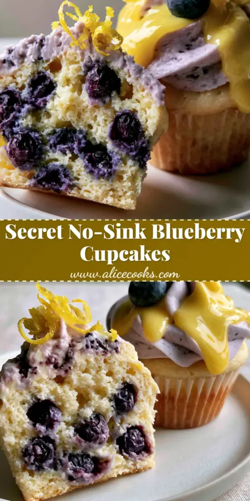 A tall lemon blueberry cupcake with a lavender frosting swirl and glossy yellow lemon curd drizzle on a white plate.