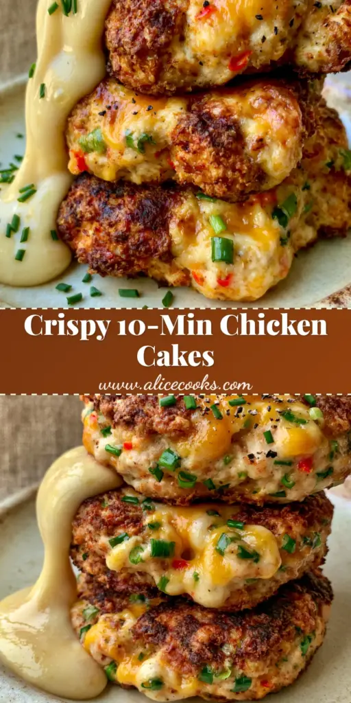 A close-up of three thick air-fried chicken cakes stacked on a ceramic plate with bubbling cheddar cheese and garlic aioli. (chicken cake)