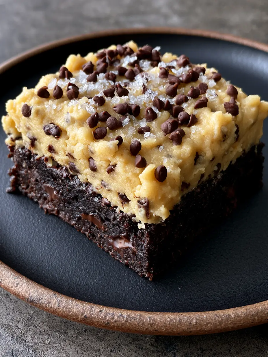 Ultra-close-up of fudgy chocolate chip cookie dough frosted brownies showing the moist crumb and creamy frosting texture.