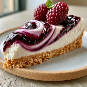 High-detail texture of a Blackberry Cheesecake slice showing the thick graham cracker crust and velvety filling.