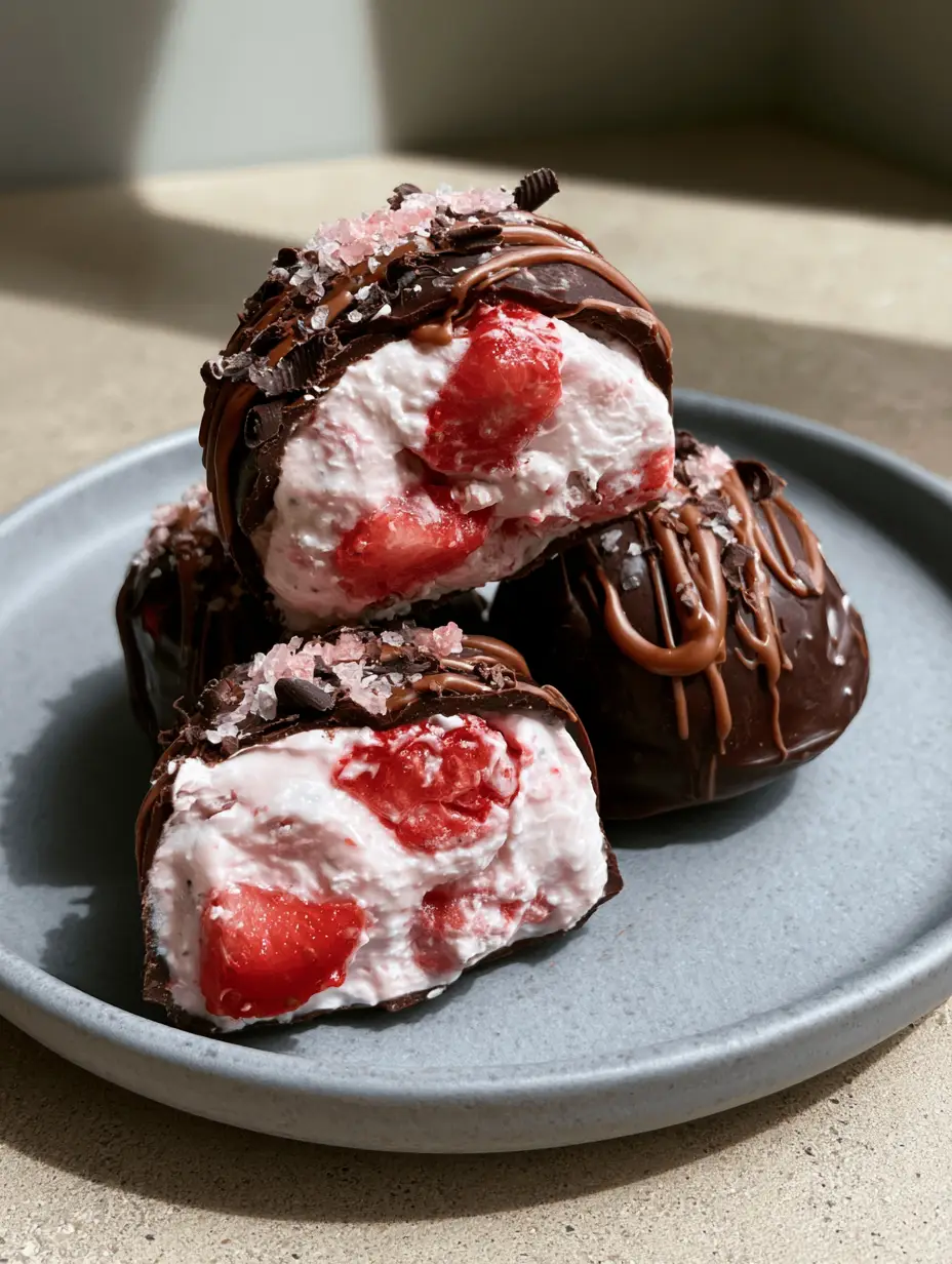 A handheld smartphone photo showing a cleanly cut strawberry yogurt bite revealing a creamy pale pink interior. (repostería)