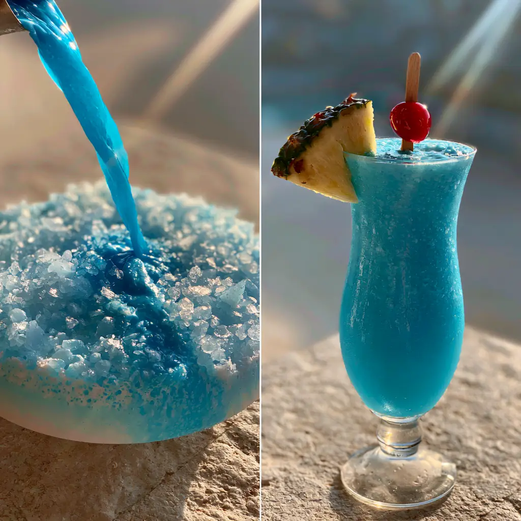 Close-up of a Blue Hawaiian cocktail showing the uniform ocean-blue tropical liquid and pebble ice.
