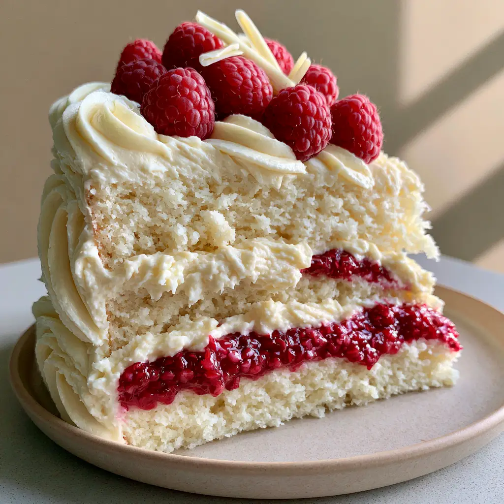 Top view of the White Chocolate Raspberry Dream Cake featuring whipped buttercream swirls, fresh raspberries, and white chocolate curls.