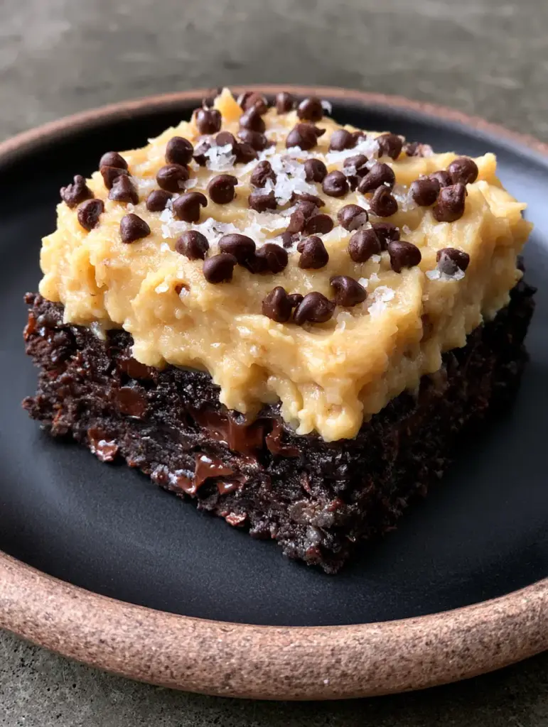 A handheld photo of chocolate chip cookie dough frosted brownies garnished with glistening sea salt crystals.