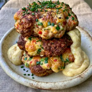 Thick golden-brown chicken cakes featuring a panko crust and red bell pepper bits. (chicken cake)