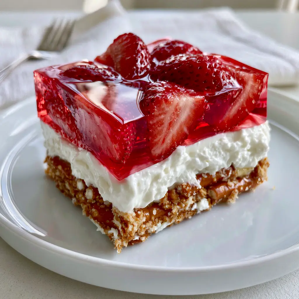 Close-up of glossy strawberry gelatin with fresh strawberry halves and a white linen napkin background. (Strawberry Pretzel Salad)