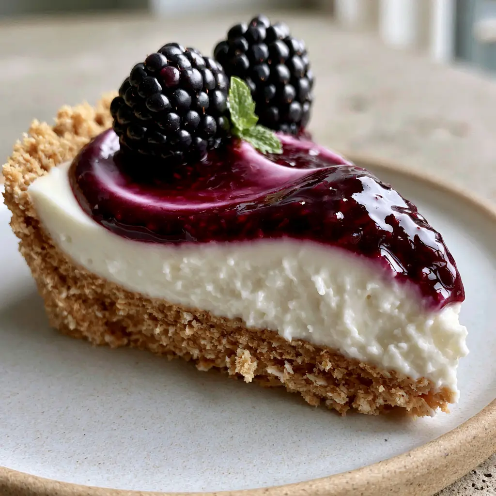 A top-down view of the glossy purple blackberry swirl on a freshly made cheesecake.