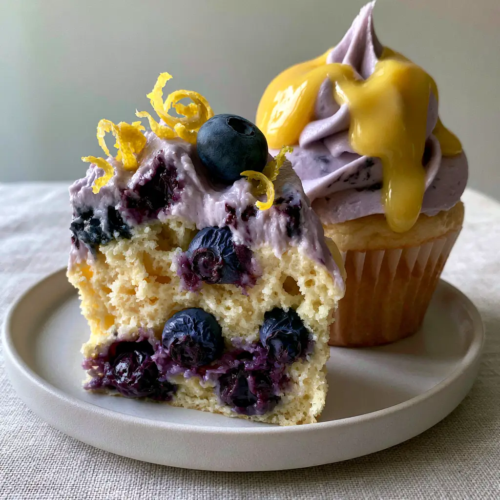 An eye-level view of lavender-colored blueberry cream cheese frosting with a glossy lemon curd drizzle.