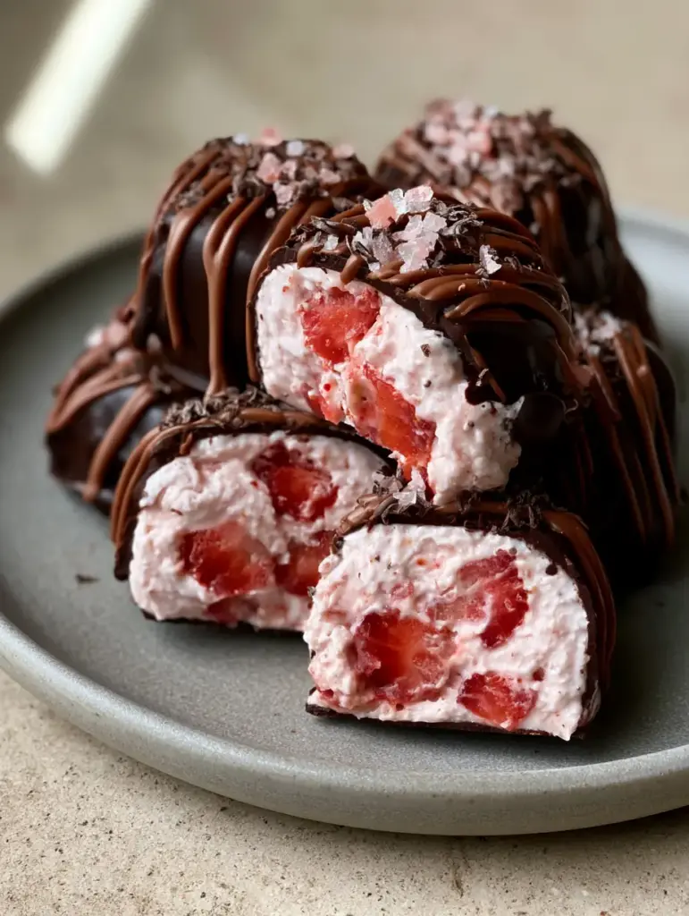 A stack of dark chocolate enrobed dessert bites on a grey ceramic plate with milk chocolate drizzle and pink salt. (repostería)