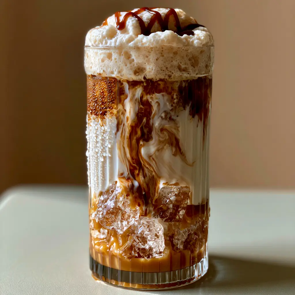 A thick layer of pillowy cold foam topped with dark caramel zigzag drizzle.