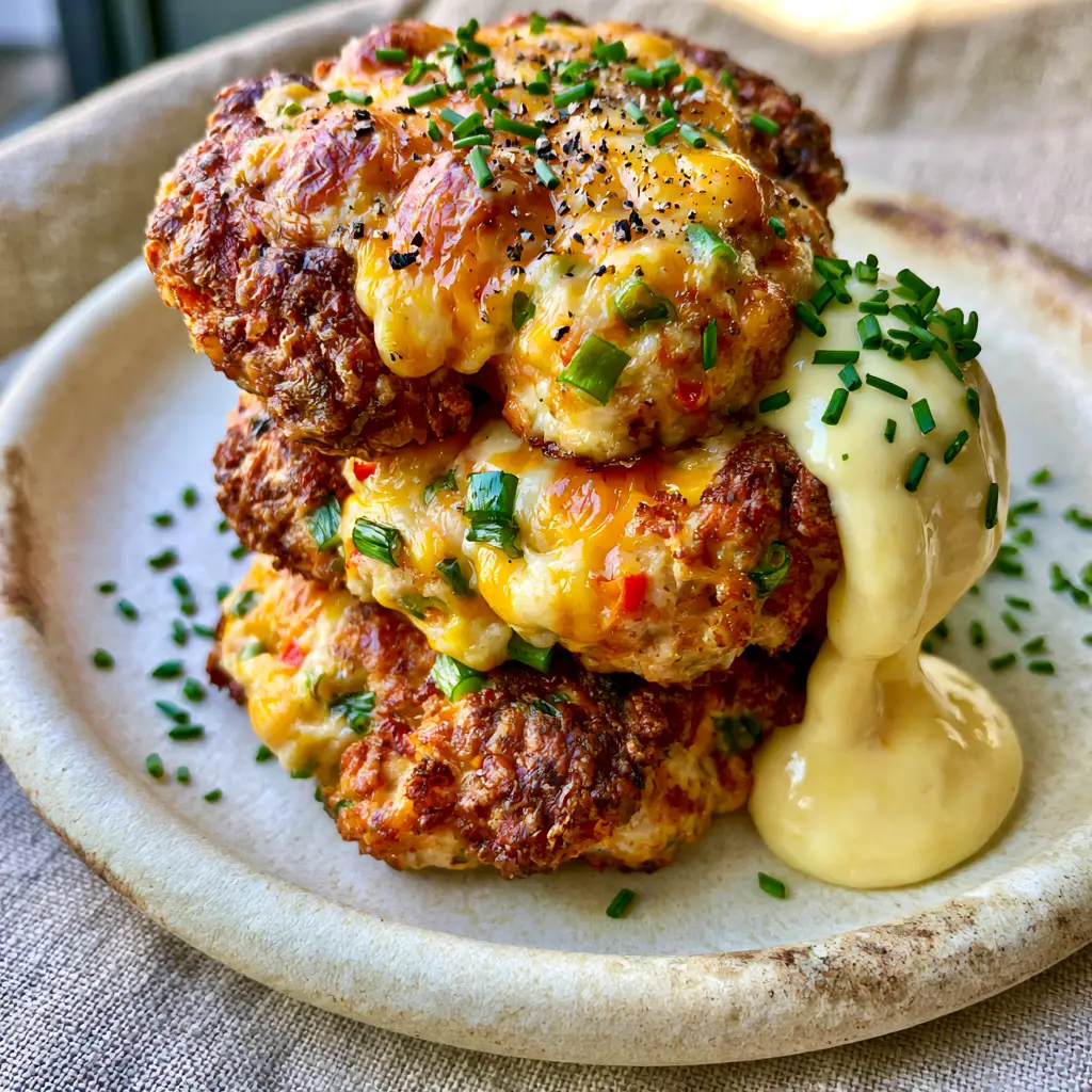 Stacked chicken cakes on a matte ceramic plate with a pale yellow garlic aioli drizzle.