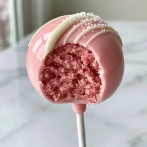 Close up of a pink vanilla cake pop with a clean bite taken out, showing the rich fudgy interior crumb. (homemade cake pops)