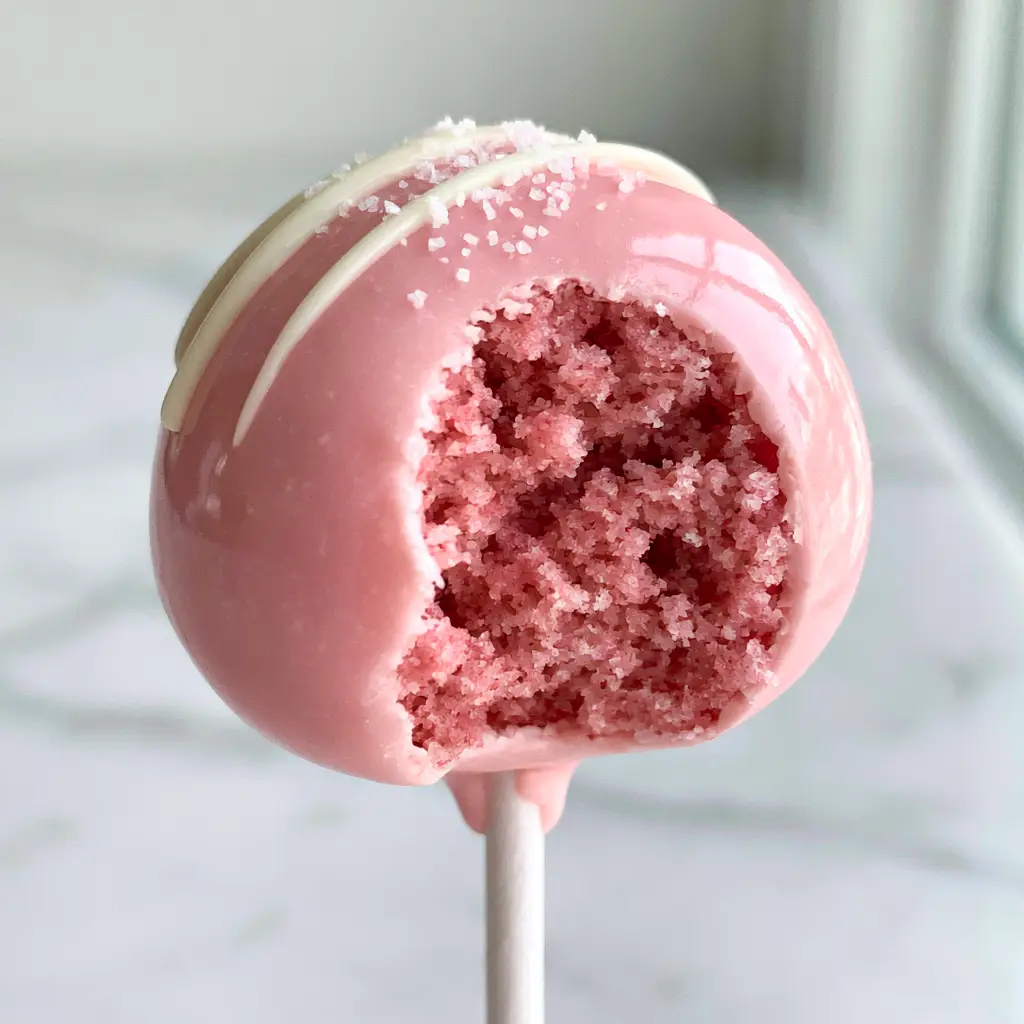 Homemade Cake Pops: The Ultimate Guide to Fudgy Pink Vanilla Treats 1 A row of glossy pastel pink cake pops with delicate white chocolate drizzles and sugar crystals on white sticks.