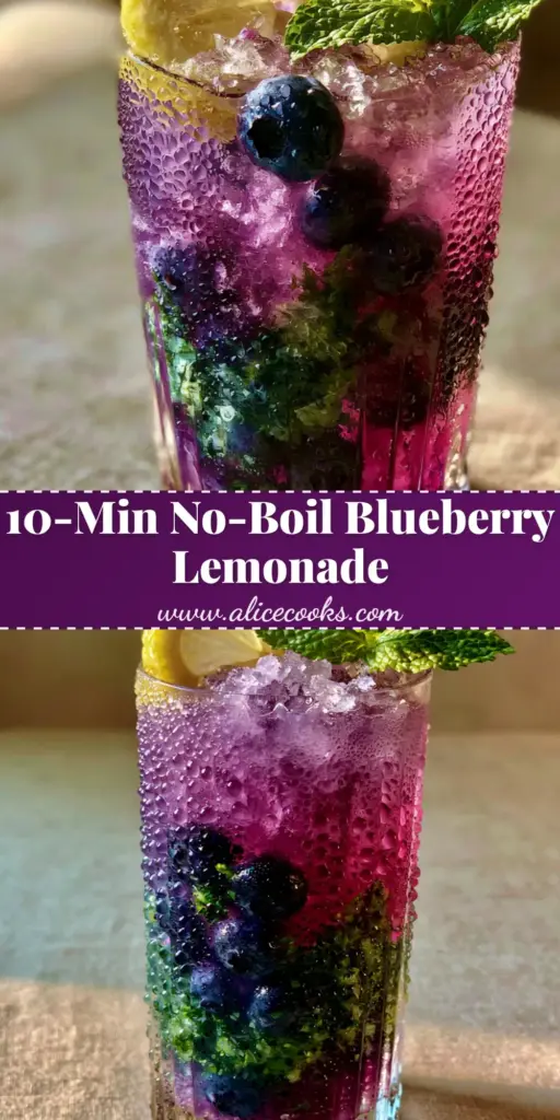 A tall ribbed glass of Blueberry Mint Lemonade with vibrant purple layers, muddled mint, and crushed ice on a linen surface. (Blueberry Mint Lemonade)