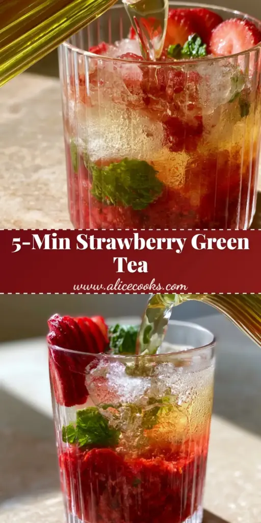 Strawberry Green Tea: The Ultimate Home Cafe Layered Iced Tea Recipe 4 A handheld photo of iced strawberry green tea in a ribbed glass with layers of red strawberries and golden tea. (strawberry green tea)