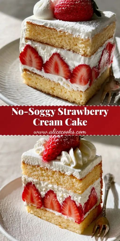 A tall slice of Strawberry Cream Cake with thick white cream layers and fresh red strawberries on a white plate.