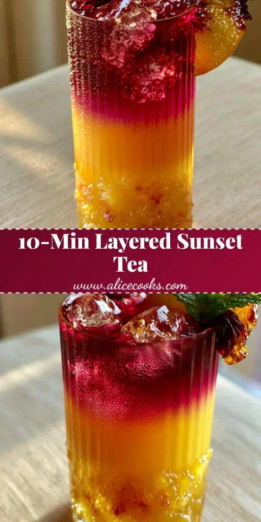 A vibrant three-layered Peach Hibiscus Sunset Tea in a tall glass with sharp ombre separation and caramelized peach garnish. (Peach Hibiscus Sunset Tea)