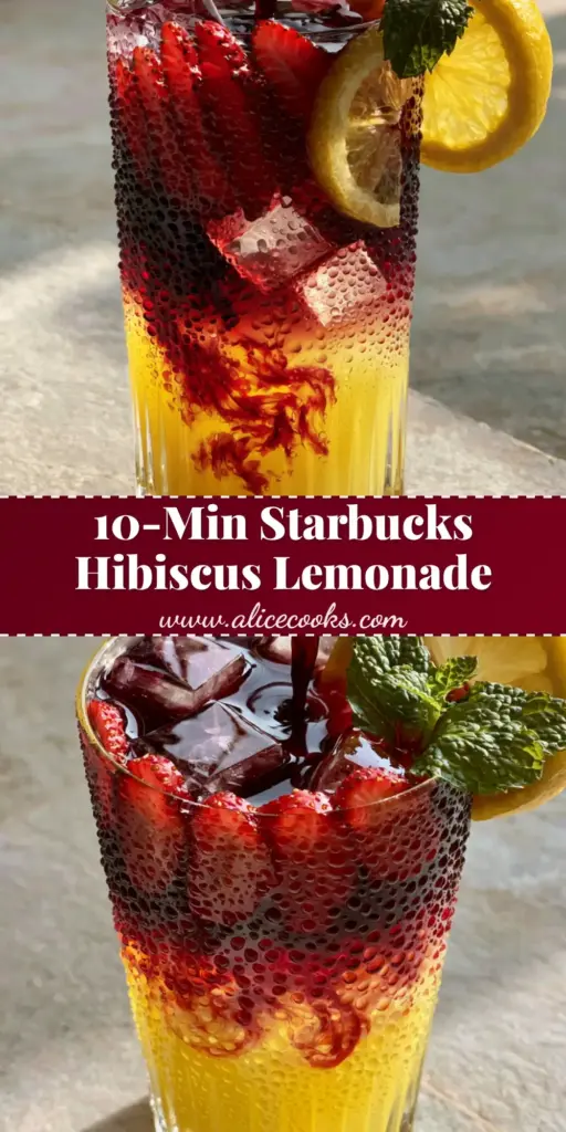 A tall glass of layered Hibiscus Tea Strawberry-Lemonade with bright yellow lemonade at the bottom and ruby-red tea on top, garnished with mint and strawberries.