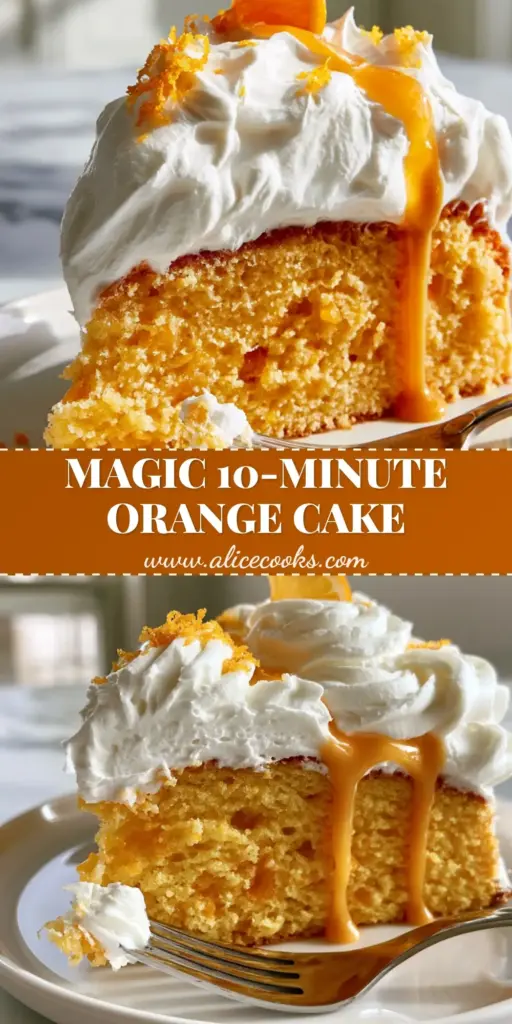 A thick triangular slice of Orange Creamsicle Cake with 2-inch whipped cream frosting and a glossy orange drizzle on a white plate. (Orange Creamsicle Cake)