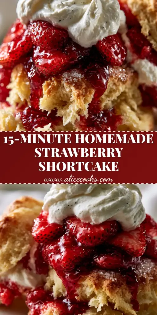 A towering homemade strawberry shortcake featuring a golden buttermilk biscuit, ruby-red macerated strawberries, and thick vanilla bean whipped cream with a mint garnish.